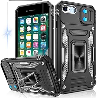 Jshru for iPhone SE Case with Screen Protector and Slide Camera Cover [Upgrade],Military Grade Shockproof iPhone SE 2020/2022 Case with Ring Kickstand,Anti-Scratch Phone Cover for iPhone 7/8,Black