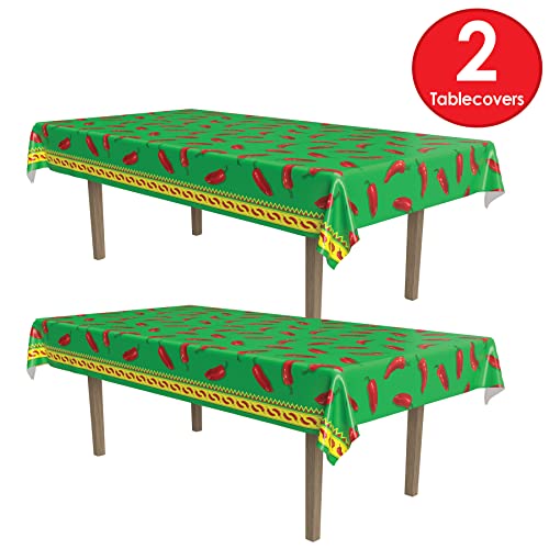 Image of Beistle Chili Pepper Tablecovers, 54 inch x 108 inch, 2 Pieces - Plastic Table Cloth, Rectangular Tablecloth, Cinco De Mayo Tablecloth, Fiesta Party Decorations, Cinco De Mayo Decorations,Green /Red /Yellow