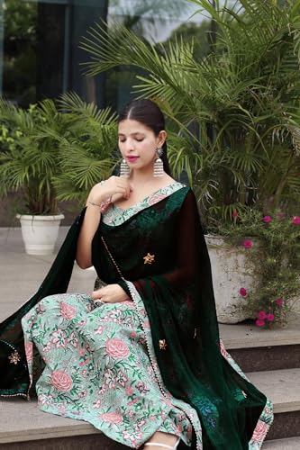 Image of GoSriKi Women's Cotton Blend Anarkali Printed Kurta with Pant & Dupatta