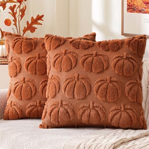 Image of decorUhome Fall Decorative Light Rust Pumpkin Throw Pillow Covers 16x16 Set of 2, Soft Faux Fur Plush Farmhouse Accent Pillow Cases for Couch Bed Sofa Autumn Harvest Halloween Holiday Home Decor