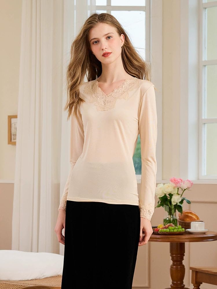 Knitted Base Layer for Women 100% Silk Undergarment Ultra-Soft Thermal Underwear, Warm Silk Top Long Sleeve Shirt