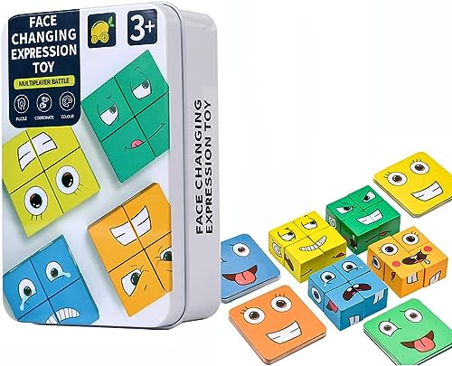GUOYOU Puzzle de madeira de expressão facial Montessori interativo brinquedo quebra-cabeças cubos emoji blocos construção de madeira jogos IQ cubo cubo brinquedos educativos para crianças 3+ anos
