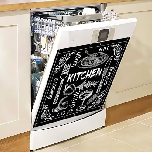 Image of Black Dishwasher Magnet Cover, 23x26 in Summer Decor Dishwasher Magnet Covers Kitchen Decoration Dish Washer Magnets Sticker Funny Fridge Magnets Panel Decal Magnetic Covers