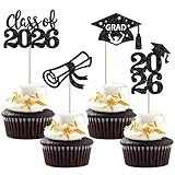 24 PCS 2026 Graduation Cupcake Toppers Glitter Class of 2026 Diploma Grad Cap Cupcake Picks 2026 Graduation Theme Party Cake Decorations Supplies Black