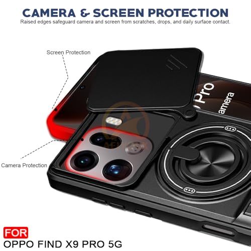 Image of Oppo Find X9 Pro 5G Back Cover | Armor Camera Slider 360 Degree Rotating Finger Ring Holder Case with Bracket Stand Back Case Cover (Compatible with MagSafe Accessories) (Black)