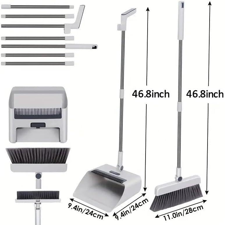 Image of Broom with Dustpan Combo Set, 3 in 1 for Sweeping Indoor and Push Broom Outdoor with Dust Pan, 14.2 to 48.8 inch Adjustable Long Handle Broom and Dustpan Set (Grey)
