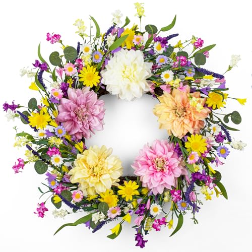 LLZLL Spring Wreaths for Front Door 22 Inch Spring Wreath Artificial Summer Wreath with Colorful Dahlia Daisy and Forsythia for Farmhouse Home Holiday Decorations