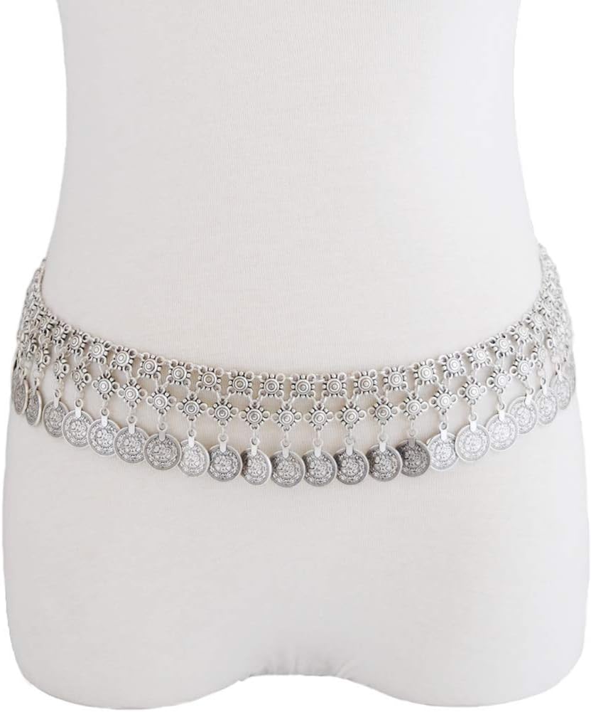 TianBo Vintage Antique Silver Color Coin Tassels Pendant Belly Dance Body Chain Waist Chains Turkish Gypsy Carving Beach Belt Body Jewelry for Women Size 35-41in Adjustable - Image 7