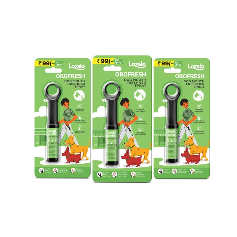 Image of Lozalo Orofresh Mouth Freshner Spray for Dogs- 66ml, Combo Pack of 3x22ml, Eliminates Foul Breath Reduces Tartar & Plaque in Dogs & Puppies of All Breeds, with Clove Oil & Cooling Freshness of Mint