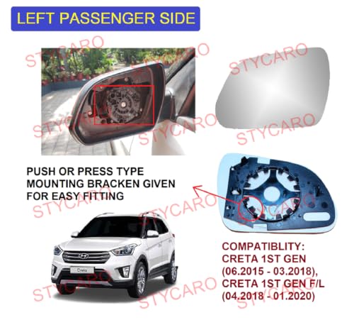 Image of ORVM Rear Side View Mirror Glass /Sub Mirror Plate compatible with Hyundai Creta (Creta IST GEN Type 1 (2015-2019), LEFT PASSENGER SIDE)