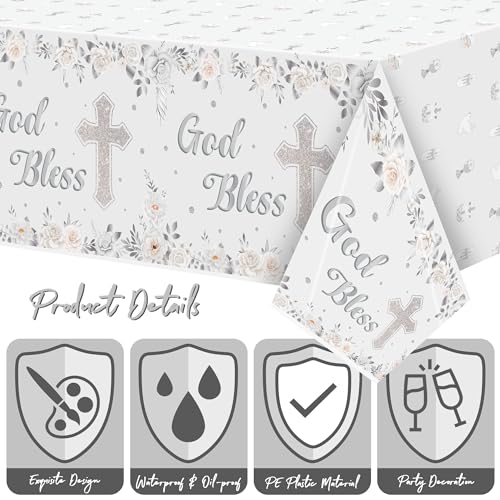 Image of God Bless Baptism Tablecloths - 3-Pack White Gold Baby Baptism Party Table Cover Silver Color Flower Cross Dosposable Plastic Waterproof Rectangle God Bless Tablecloth Baby First Communion