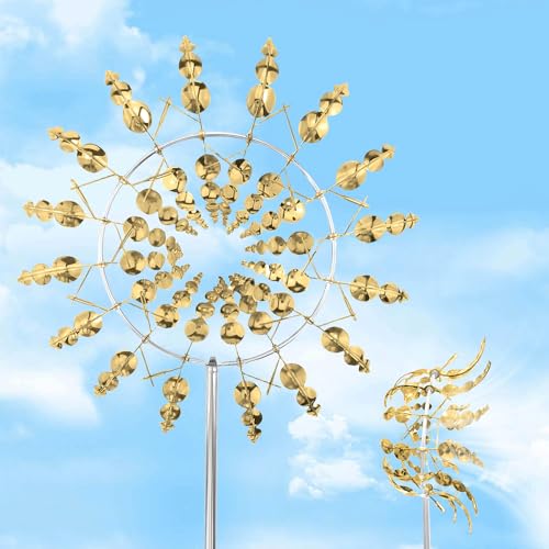 Bocguy Einzigartige Metall Windmühle, 3D Windbetriebene Kinetische Windrad Garten Metall, Windmühle Garten Geeignet für Garten, Terrasse, Landschaft Dekoration (Gold)