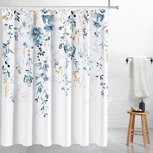 Tititex Aesthetic Blue Floral Shower Curtain, Watercolor Gold Leaves on The Top Plant Bathroom Decoration Shower Curtain Sets 72x72 Inch with Hooks