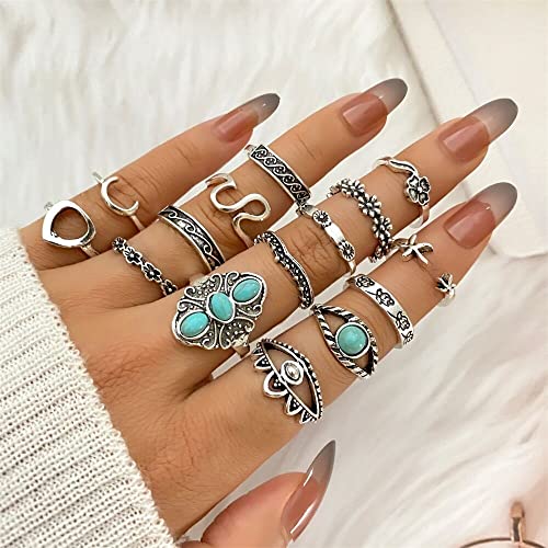 Bvga 40 Pcs Vintage Turquoise Rings For Women Bohemian Silver Oval Gemstone Rings Western Rings Boho Joint Knuckle Rings Midi Stacking Rings Set Gifts thumb #4