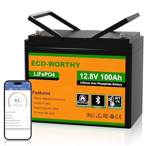 ECO-WORTHY LiFePO4 12V 100Ah Bluetooth s 100A BMS nízkoteplotní ochranou a max. 15000 cyklů, 1280Wh lithiová baterie 12V 100Ah autobaterie pro obytný automobil, karavan, loď