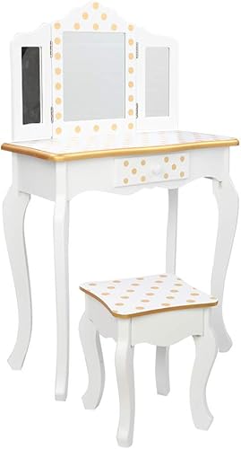 Juego de tocador para niños con espejo de tres pliegues mesa de tocador y silla para niñas tocador de maquillaje con 1 cajón mesa de tocador de