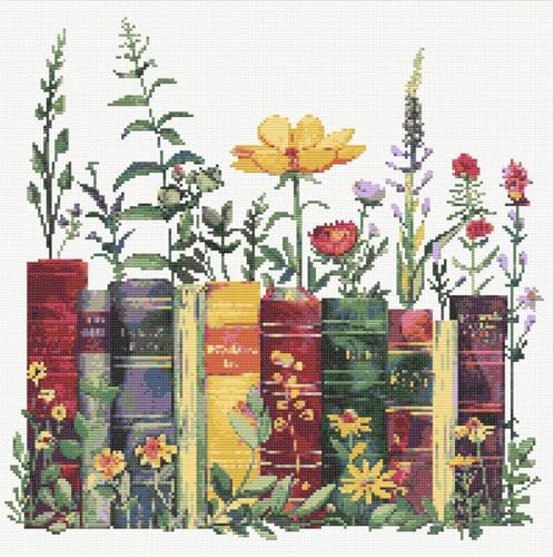 HKLIOPU Point de Croix Canevas kit complet adulte,11CT Debutant Broderie imprimé, fleurs et livres 35×35cm