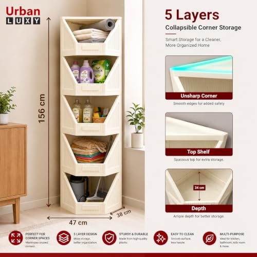 Image of URBAN LUXY Collapsible Wardrobe Rack for Storage /Sturdy Wardrobe /Kitchen Cupboard /Foldable Storage Organizer /Closet for Bedroom /Living Room /Laundry Room (Corner Cupboard, 5PCS)