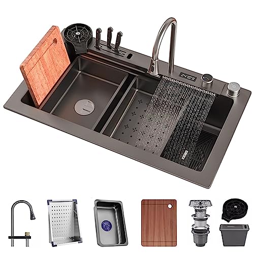 ZOCWJK 304 Stainless Steel Waterfall Sink with Digital Display Bar Sink with Tool Carrier Nano-Coated Workstation Sink with Pull-Out Faucet and Cup Washer (75x46x21cm