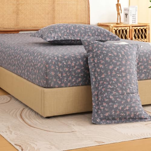Image of Story@Home King Size Air Cotton Fitted Bedsheet 240 TC Fitted Sheet with 2 Pillow Covers, Soft & Durable Bed Sheet for King Bed (182 x 198 cm, Floral Print, Dark Grey)