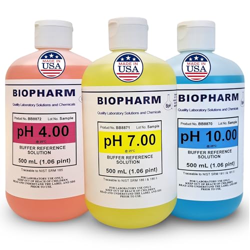 pH Buffer Calibration Solution 3-Pack: pH 4.00, pH 7.00, pH 10.00 Buffers — 500 mL (1.06 Pint) Each — Color Coded — NIST Traceable for All pH Meters