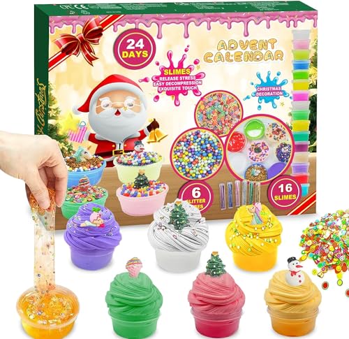 Advent Calendar 2025 Fluffy Crystal Slime Kit Countdown to Christmas DIY Slime Kit 24 Days of Surprises Fun for Boys and Girls Teen Ages 6 and Up