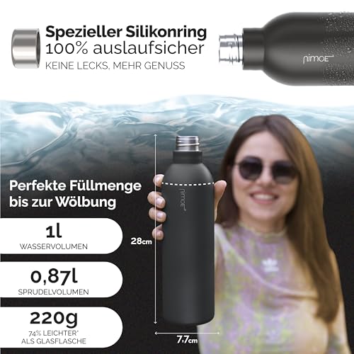 NIMOE® SteelStream 1L – Edelstahl Trinkflasche kompatibel mit Sodastream DUO | 220g federleicht, perfekt für unterwegs | spülmaschinenfest & 100% auslaufsicher - Black