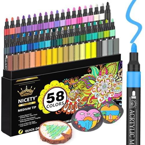 NICETY Rotuladores Acrílicos 58 Colores - Punta Media de 3 mm - Marcadores de Pintura para Piedra,...