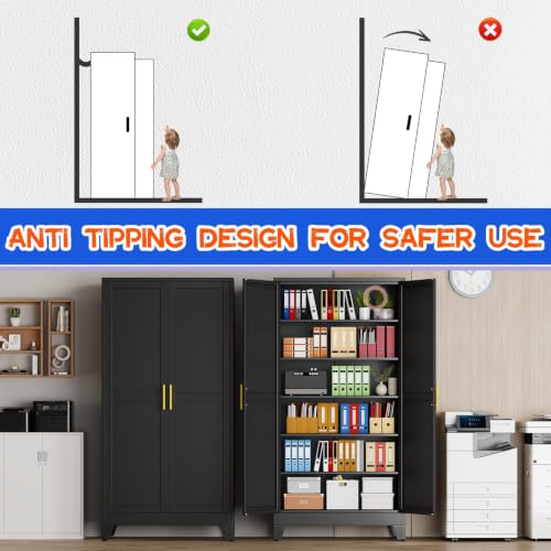 Image of GAIOUS 79 inch Tall New Update Kitchen Pantry Cabinet, Metal Storage Cabinet | with 2 Doors and 5 Adjustable Shelves, Steel Cupboard for Kitchen Dining Bathroom Bedroom, Black, Freestanding, Wider Deeper