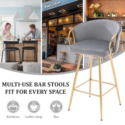 Butacos de barra para mostrador de terciopelo gris de 30", marco dorado, juego de 4 sillas de cocina modernas miniatura 7