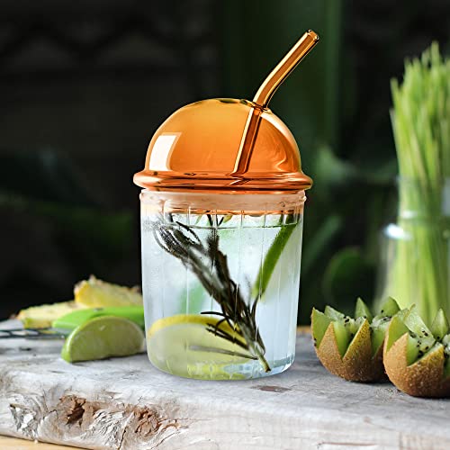 Joeyan Glass Drinking Jar With Lid Straw,Reusable Boba Cup Bubble Tea Cup,Wide Mouth Amber Glass Tumbler For Water Juice Beverages Iced Coffee Smoothie Soda Milk,Ribbed Origami Style Glassware,15 Oz #TOP2