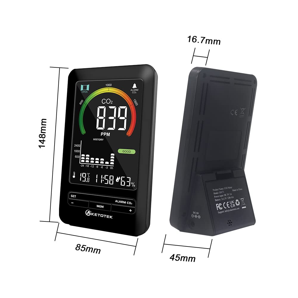 KETOTEK Medidor de CO2, Detector de CO2, Monitor de Calidad del Aire analizador con Alarma, Detector de dióxido de Carbono, Temperatura, Humedad