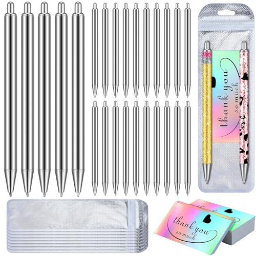Qilery 25 Set Stainless Steel Resin Blank Epoxy Pens for UV Dtf Wraps Sublimation Pen Gifts Resealable Pouch Bag and Holographic Thank You Cards Set for DIY Glitter Craft
