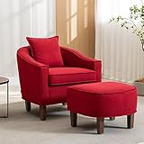 JINS&VICO Accent Chair with Ottoman and Pillow, Load 300LBS Mid Century Modern Barrel Upholstered Sofa Armchair with Wooden Legs and Comfy Round Arms for Reading Living Room Bedroom, Red