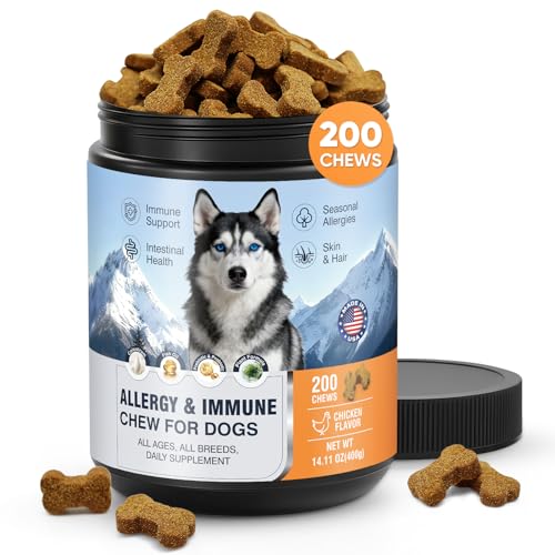 Dog Allergy Chews 200 Treats, Allergy & Itch Skin Relief Omega 3 Fish Oil Probiotics for Seasonal All Issues Allergies Skin & Hair, Gut, Immune Support-All Ages & Sizes Dogs Made in USA Chicken Flavor