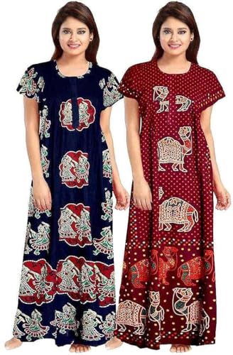Image of YUKATA Nighty for Women Cotton Printed Maxi Gown Ankle Length Nighty Night Dress Gown for Women Maxi - Free Size (Pack of 2)