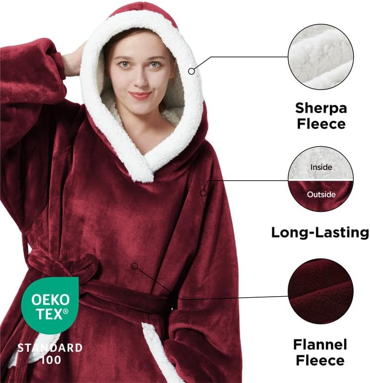 Miniatura 2 de Bedsure Sudadera de manta de largo recorrido - Sudadera de manta con capucha, pequeño con división lateral y cinturón, cálida chaqueta de manta de