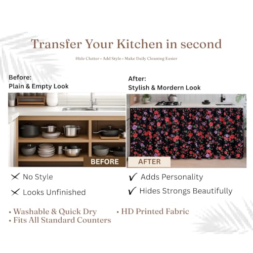 Image of Premium Printed Kitchen Sink Curtain | Washable & Dustproof Rod Pocket Counter Skirt | Perfect for Any Sink | Multicolor Cooking Theme Decor for Home & Kitchen(150cm X 70cm) (Red Rose)
