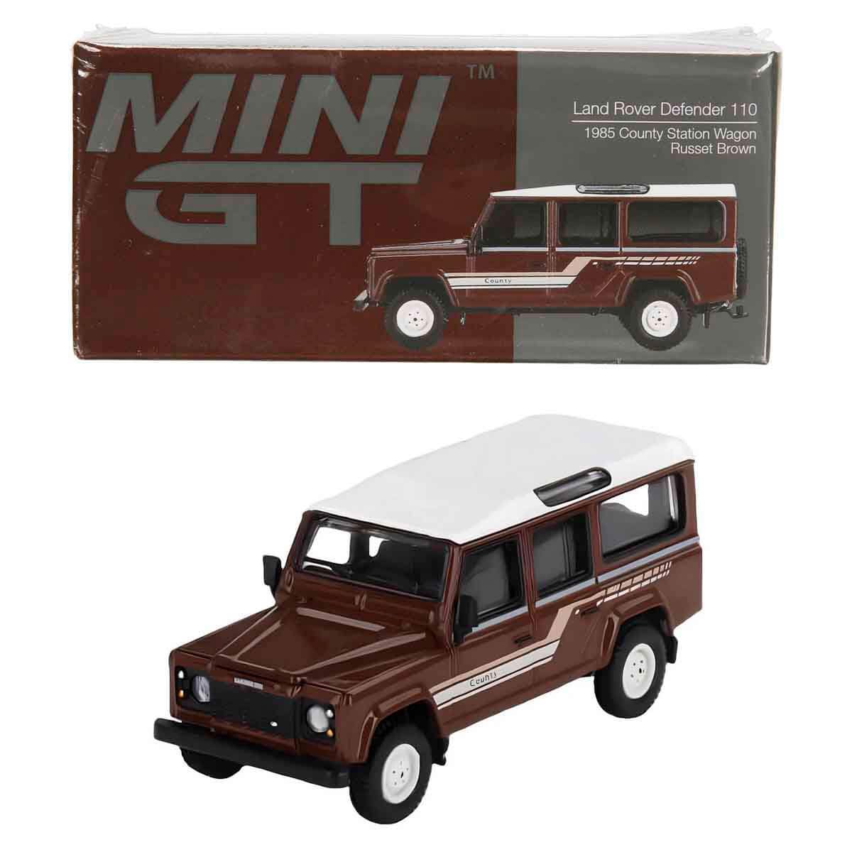 MiniGT Land Rover Defender 110 1985 County Station Wagon Brown 1:64 Model 734-L