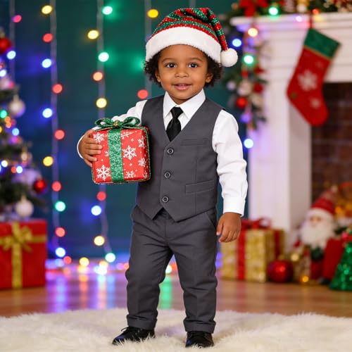 Image of Baby Boy Formal Suit for Toddler Infant Tuxedo Dress Suits | Little Gentleman, Wedding Ring Bearer Outfit, Vest Pants Long-Sleeve Shirt Tie, Birthday Party Christmas Prom, Classic
