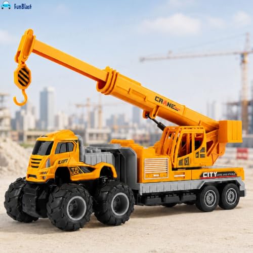 Image of FunBlast Friction Powered Crane Toy Truck - 1:43 Scaled Model Metal Engine Truck Toys, Vehicle for Kids with Rotating Boom & Hook, Engineering Toy for Boys (Multicolor)