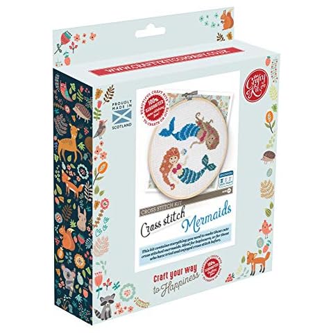 The Crafty Kit Company Mermaids Cross Stitch Kit - Contains Everything Needed To Make A Beautiful Counted X-Stitch Picture Including DMC Threads, Bamboo Hoop, Colour Chart And Beginners Guide Cover