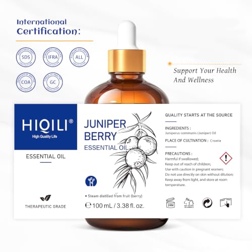 Image of HIQILI Juniper Berry Essential Oil for Aromatherapy,Hair & Skin Care | Brings Long-Lasting Woody Aroma, Calming Relaxation, Versatile DIY & Full Space Odor Elimination -100ml / 3.38 fl oz