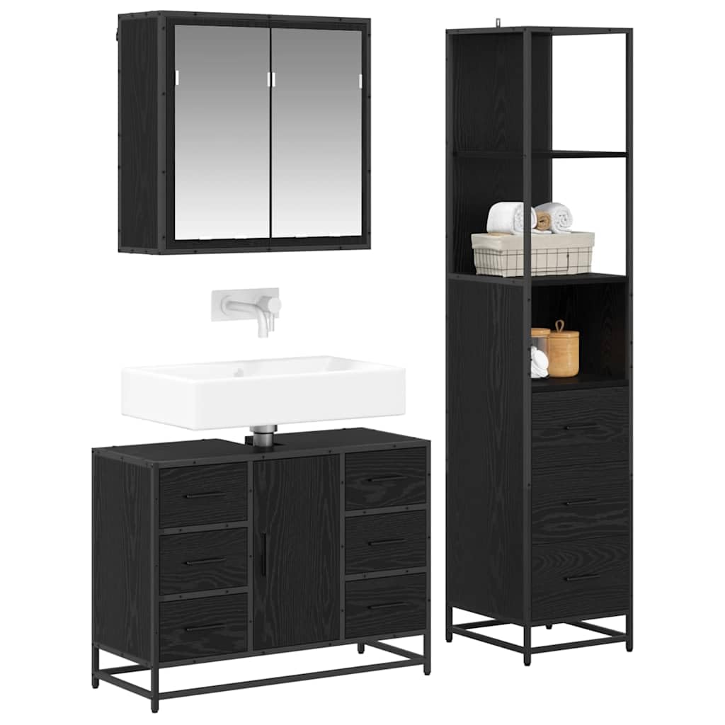 Juego de muebles de baño con aspecto de roble negro, 3 piezas, con armario para lavabo, armario con espejo, armario alto, espacio de almacenamiento, cajones, estante, montaje en pared para