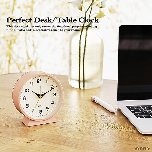 Image of AYRELY 4.5 inch Analog Alarm Clock,Small Retro Desk Clock Battery Operated,Silent Metal Table Clock with Light for Living Room Decor,Bedroom,Bedside,Shelf(Light Pink)