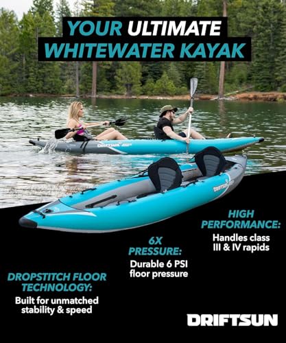 Driftsun Rover Inflatable Kayak - White Water Kayaks for 1 and 2 Person, High Pressure Dropstitch Floor Kayak for Adults with Padded Seats, Action Cam Mount, Aluminum Paddles and Quick Inflate Pump