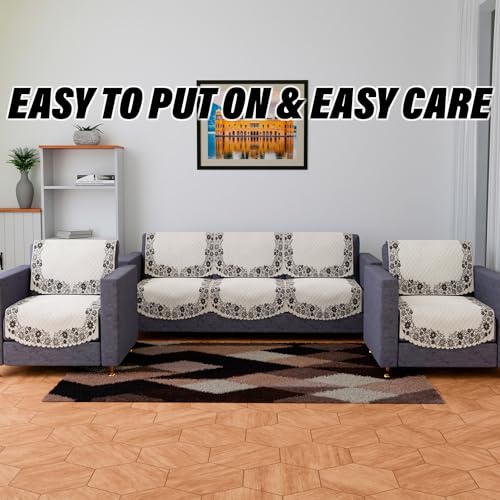 Image of Kuber Industries Sofa Cover | Velvet Sofa Cover Set | Digital Painting Quilted Sofa Set | Suede Ultra Sonic Couch Cover | Sofa Cover for Living Room | Cream