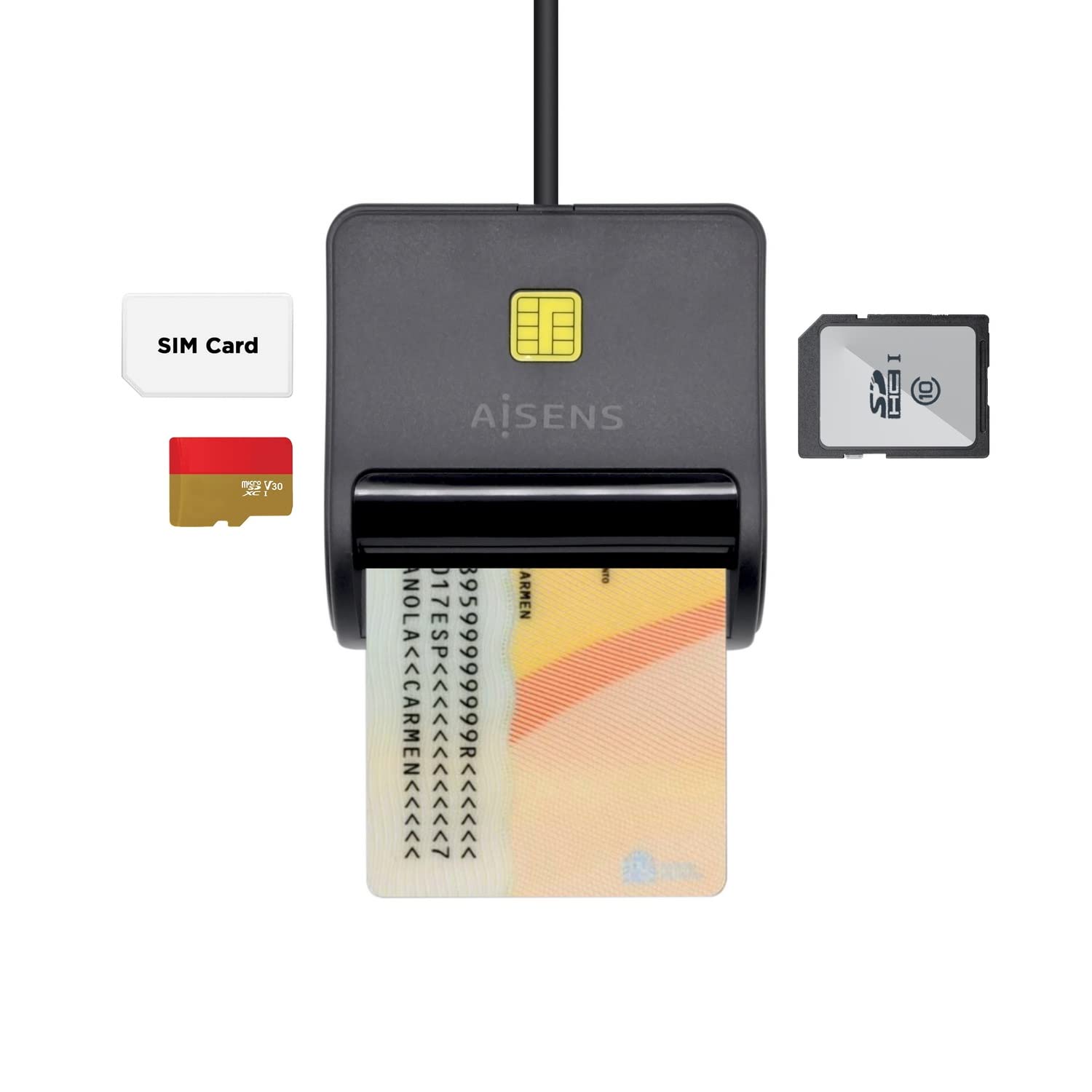 AISENS Lector de Tarjeta Inteligente DNI con Lector de Tarjetas SIM. SD. Micro SD. MMC. RS-MMC. MMC Micro. Negro