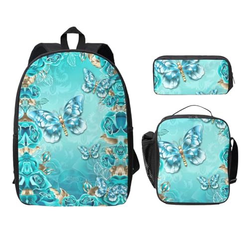 Sac à dos papillon bleu clair EdWal 3 pièces avec sac repas et trousse scolaire noir