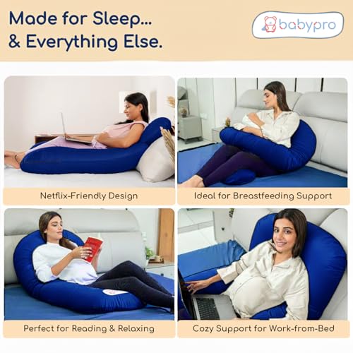 Image of BabyPro J-Shaped Pregnancy Pillow with Silky Cooling Velvet Cover, Blue | Full Body Pillow for Back Pain, Head, Belly, Hips & Knees, Soft Cushion